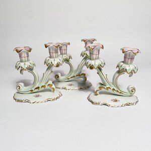 Set of 3 HUNGARIAN Hollohaza Fine Porcelain Candle Holders Pastel Candelabra